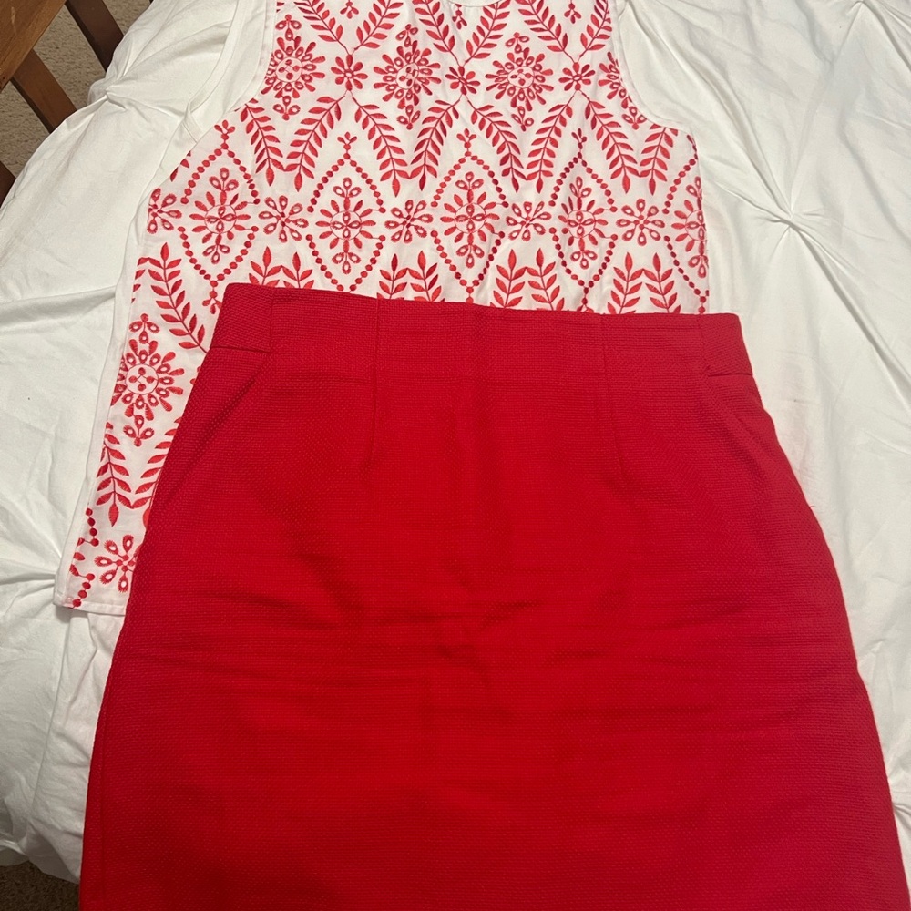 Ann Taylor Red and White Embroidered Top and skirt